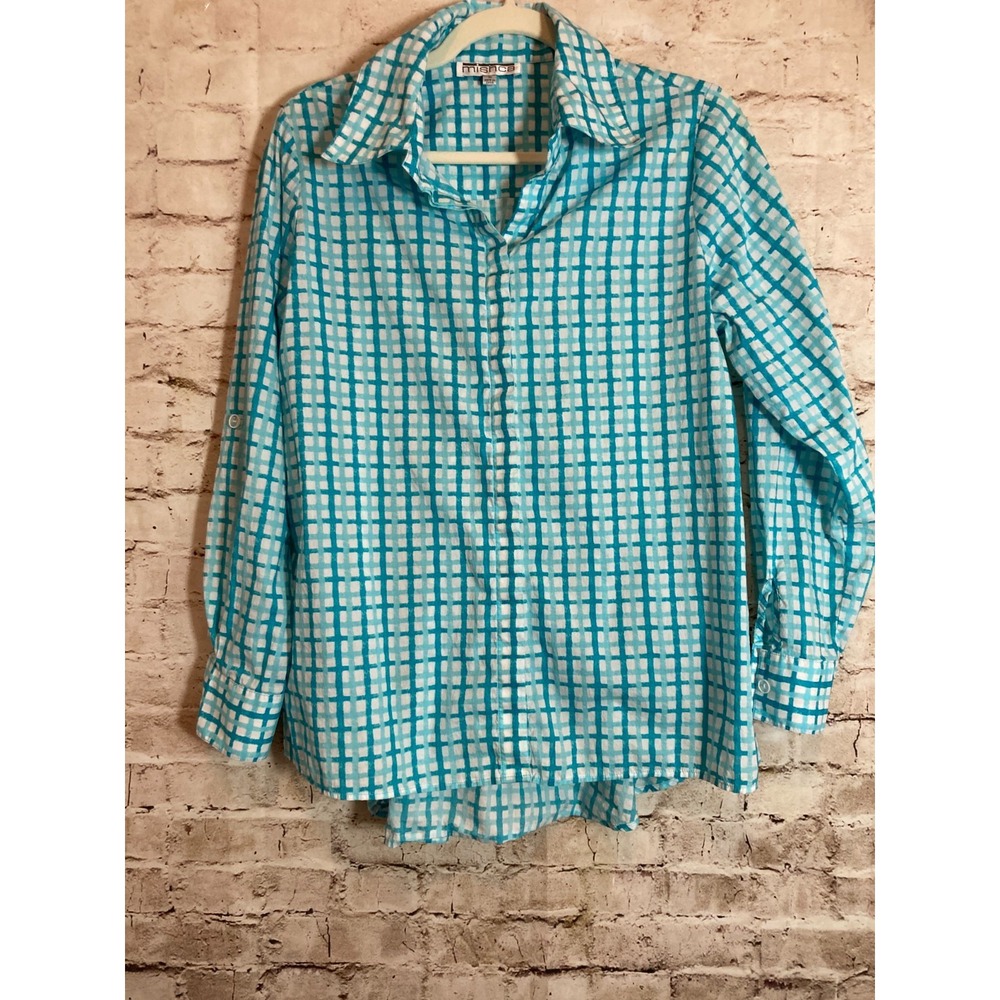 Mishca Top Womens Medium Turquoise Check‎ Plaid Hidden Button Up Cotton
